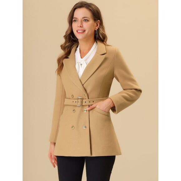 Double Breasted Short Pea Coat Tie Waist Winter Lapel Overcoat with Belt Khaki - Picture 2 of 5